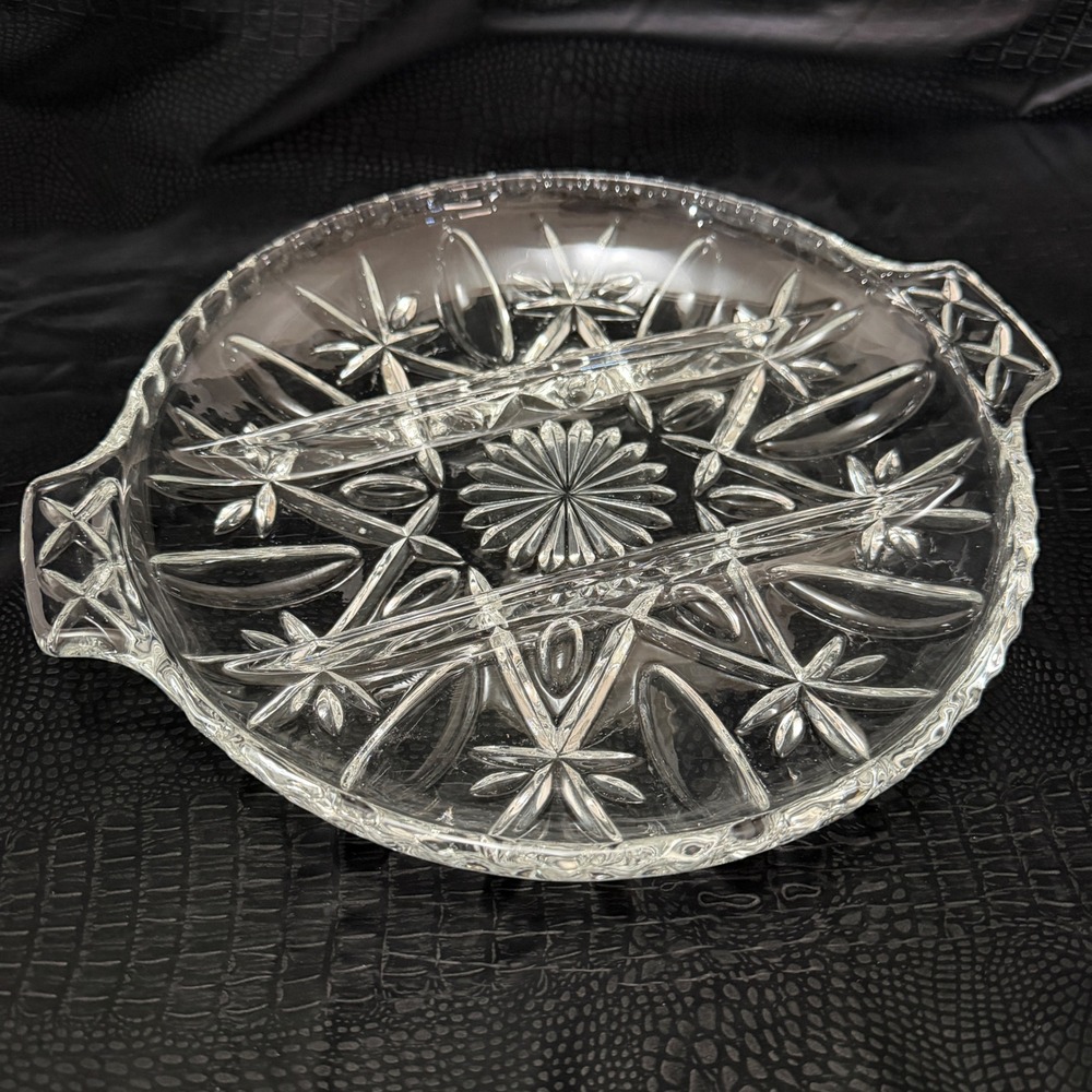 Vintage Pressed Glass Divided Serving Tray Handles Starburst Relish Farmhouse